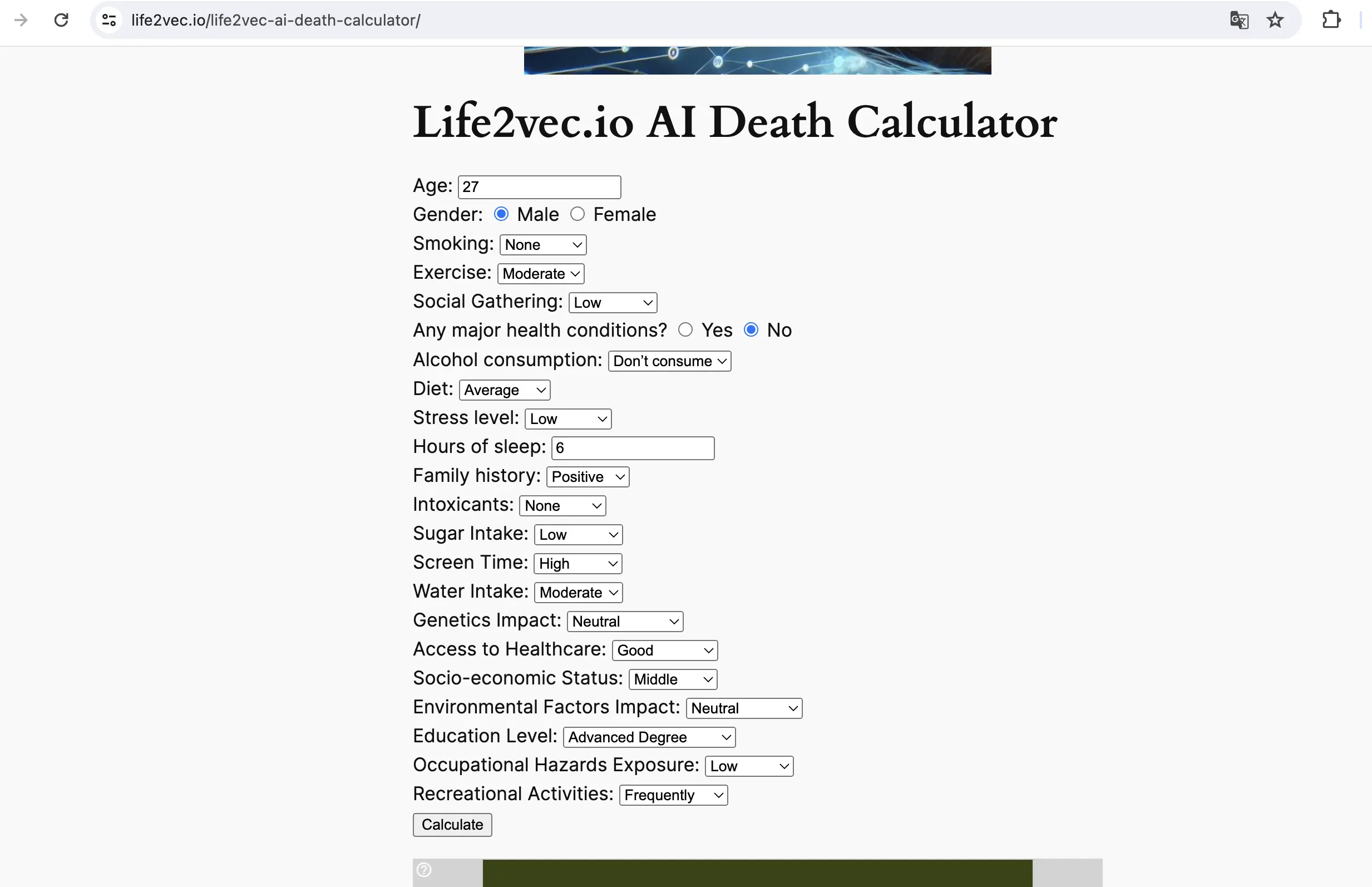 Life2vec.io AI Death Calculator AKA Life Expectancy Calculator