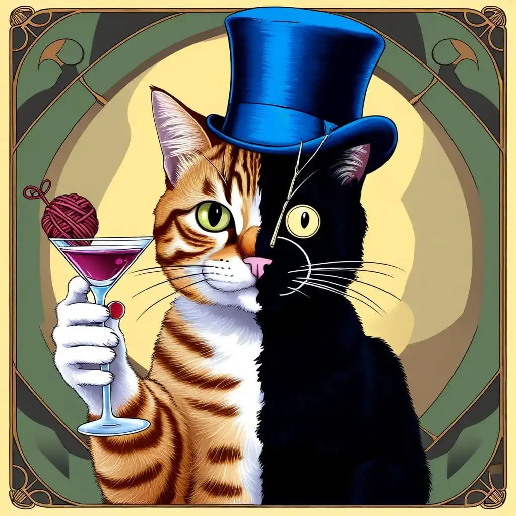 Auraflow - Aifyles prompt: a cat that is half orange tabby and half black, split down the middle. Holding a martini glass with a ball of yarn in it. He has a monocle on his left eye, and a blue top hat, art nouveau style