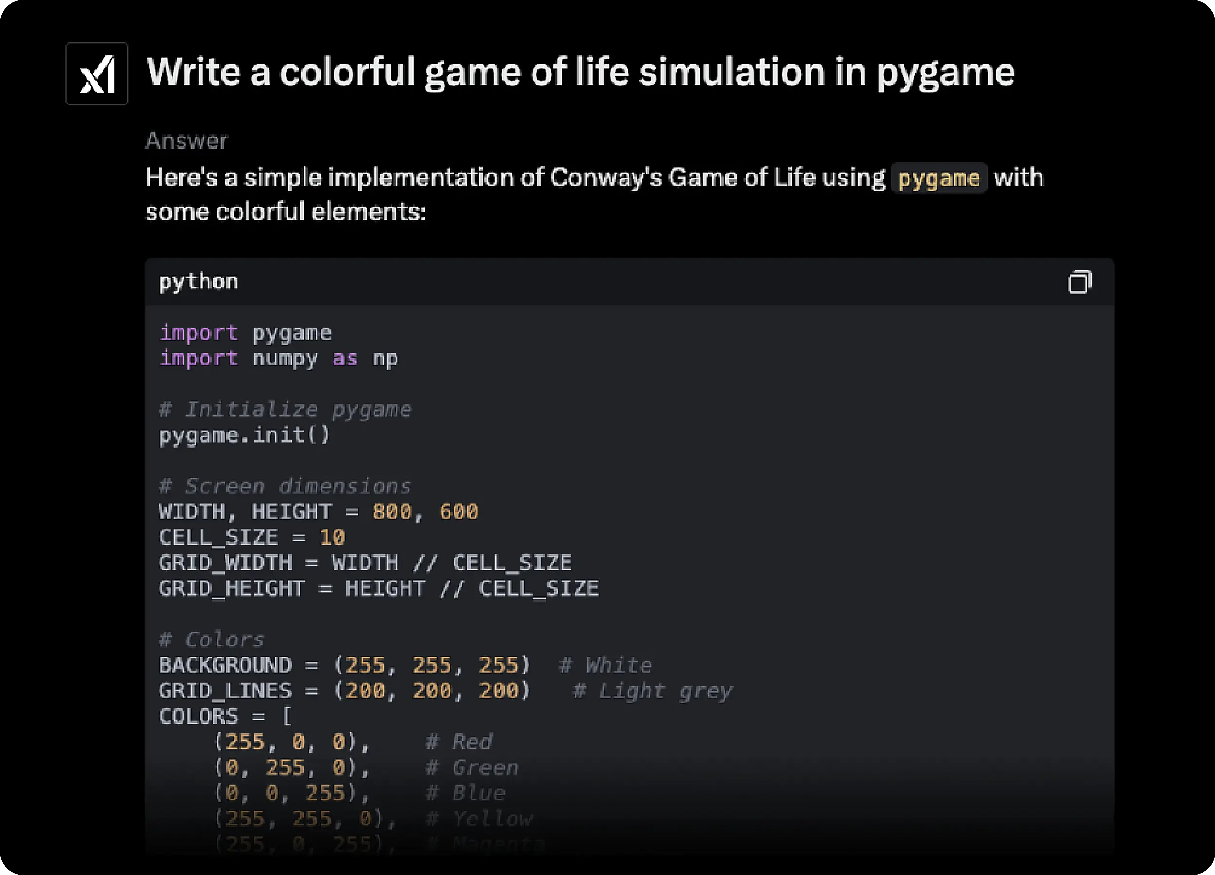 Colorful game of life simulation grok 2